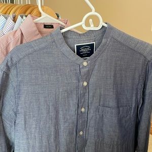 Men’s collarless soft chambray button down. Jcrew Charles Tyrwhitt